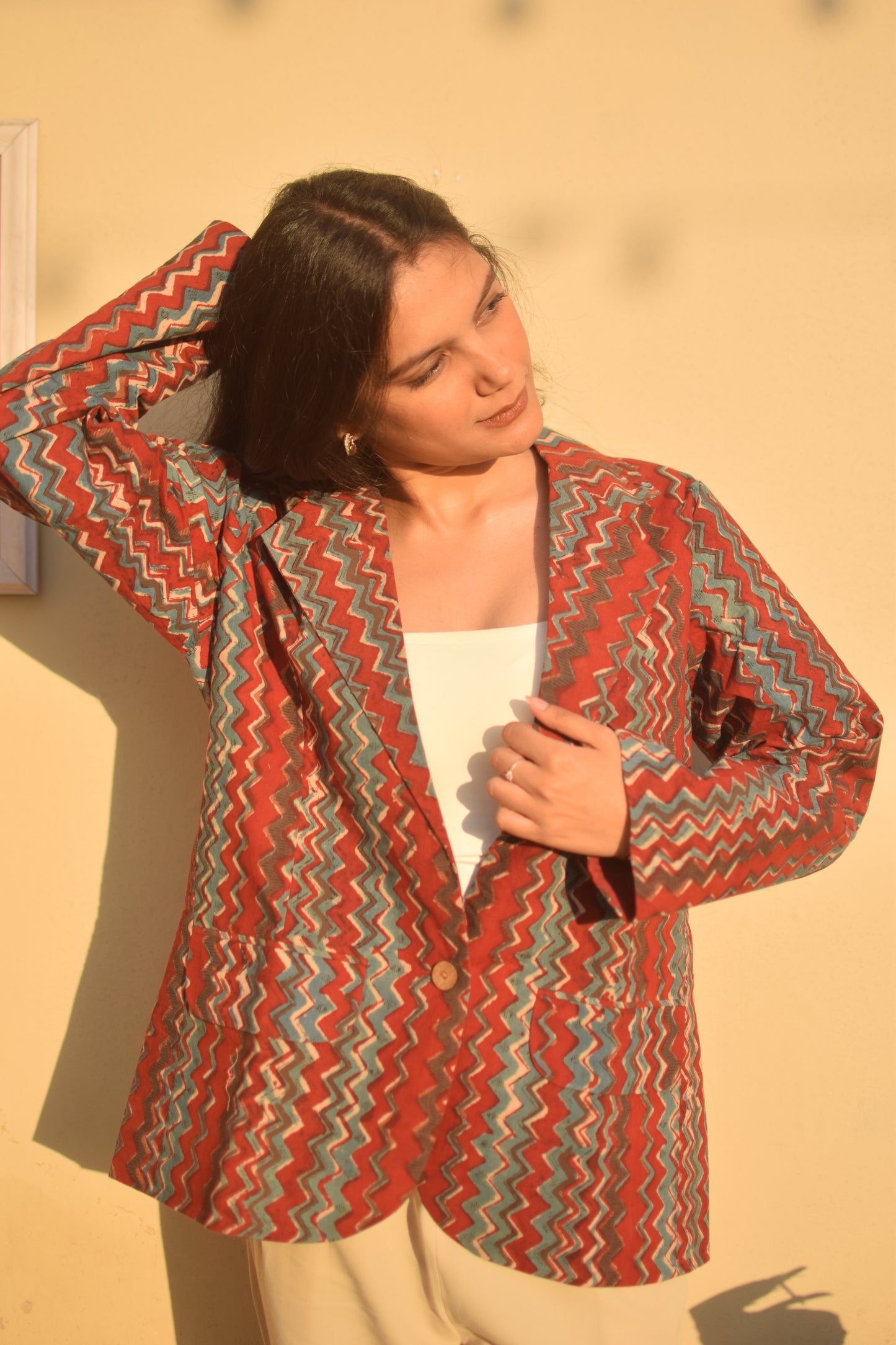 Hand Block Printed with Natural Dyes Jacket in Maroon stripes front pose