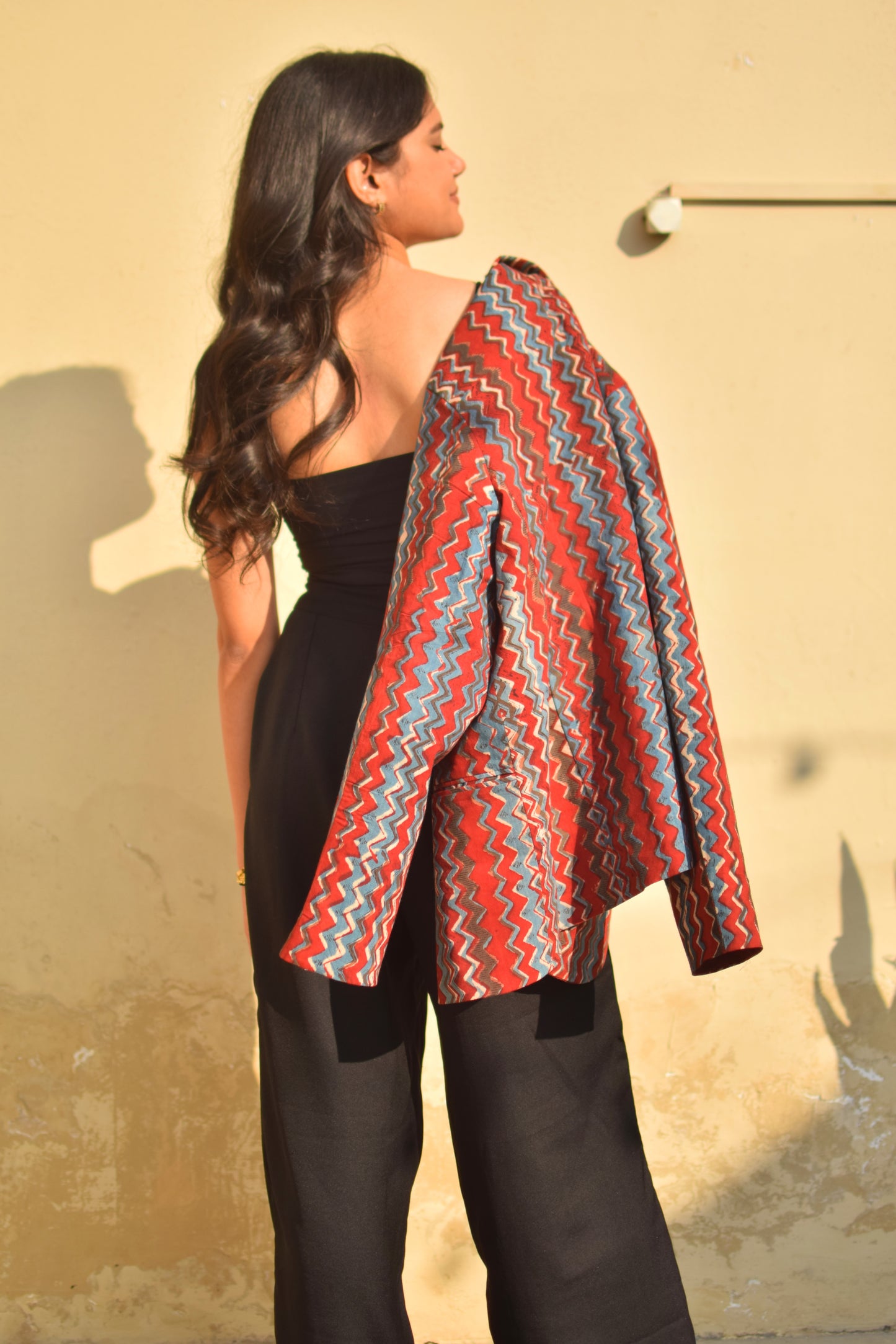 Hand Block printed Cotton Jackets in Maroon Stripes- Back Pose