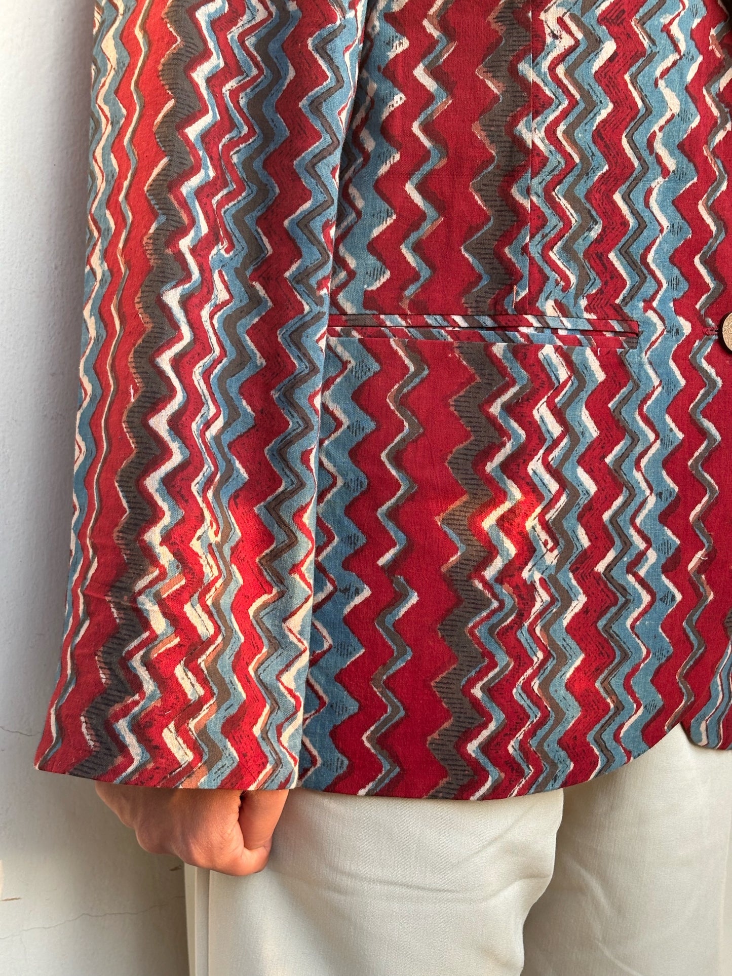 Hand Block printed Cotton Jackets in Maroon Stripes- sleeves closeup