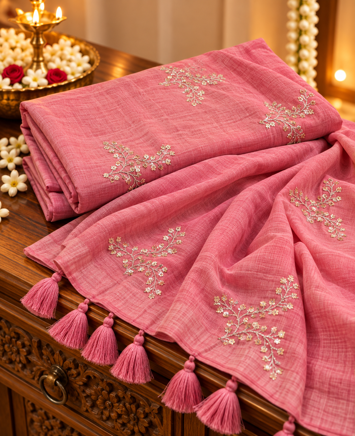 GUL soft pink handwoven mulmul cotton saree with sequin embroidered floral motifs and tassel pallu by Kapaas Australia