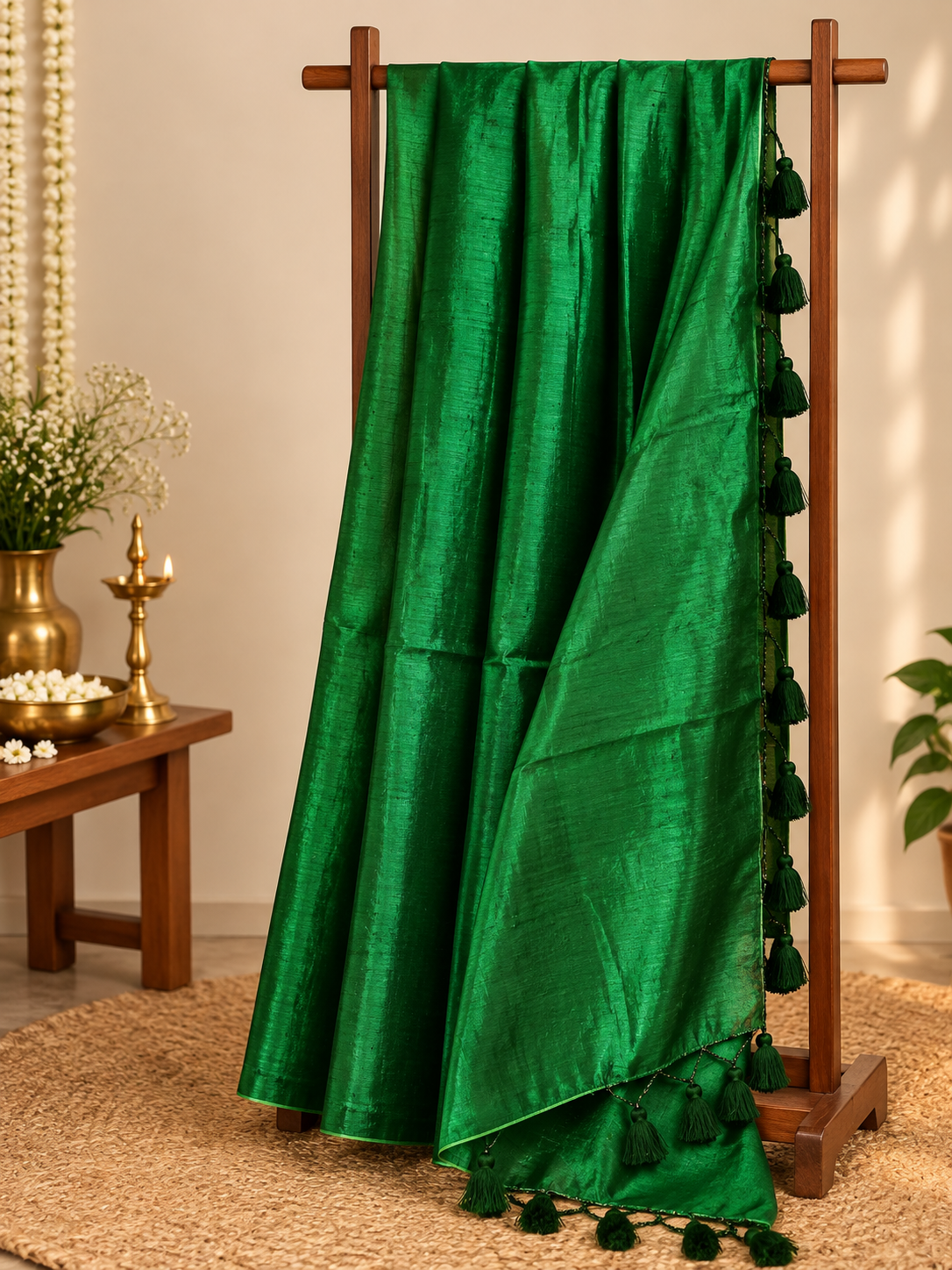Handwoven saree in emerald green on a saree stand