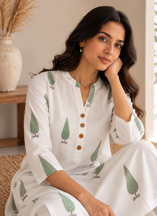 Woman wearing a cotton ivory kurta with sage coloured hand block cypress motifs.