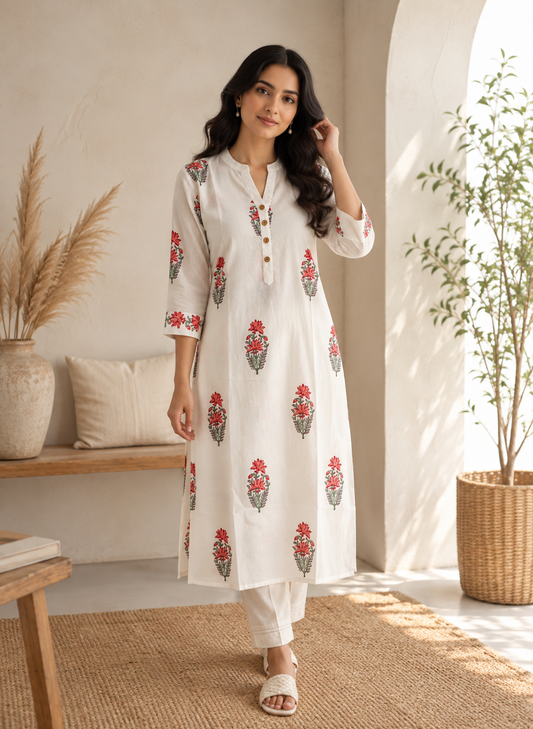 A woman modeling a white kurta with red and green floral hand block motifs, paired with white trousers, in a bright, modern room with plants and neutral decor.