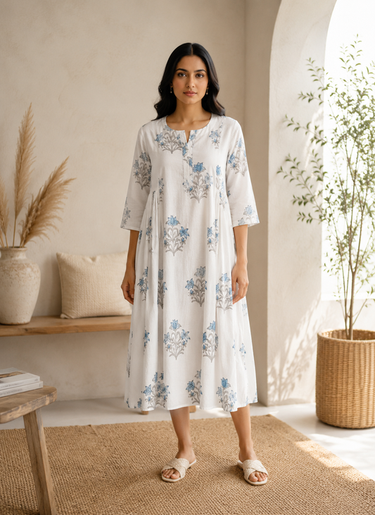 Ivory dress with blue floral hand block motifs