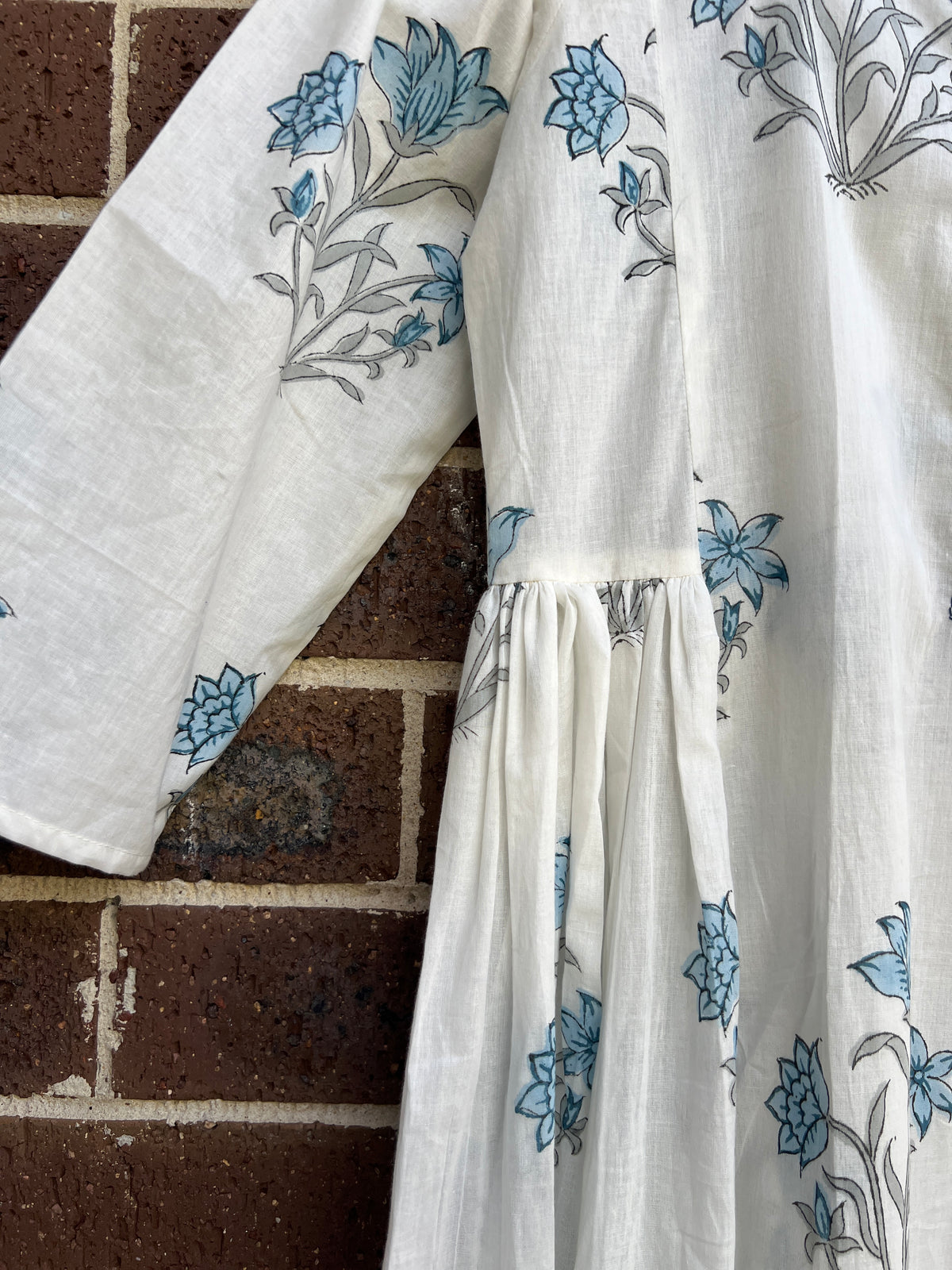 Ivory blue floral hand block printed kurti dress close up