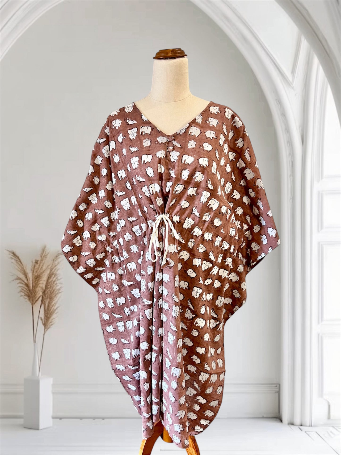 Brown cotton kaftan with elphant hand block printed pattern.