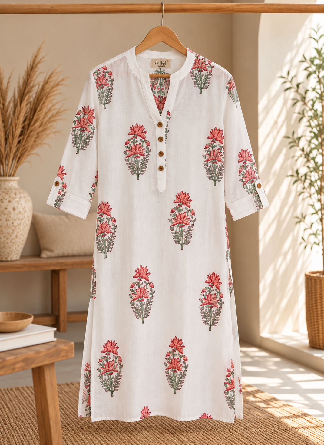 A white cotton straight kurta with a red and green floral block print, hanging on a wooden hanger in a warm, sunlit room with a wooden bench and dried grass in the background.