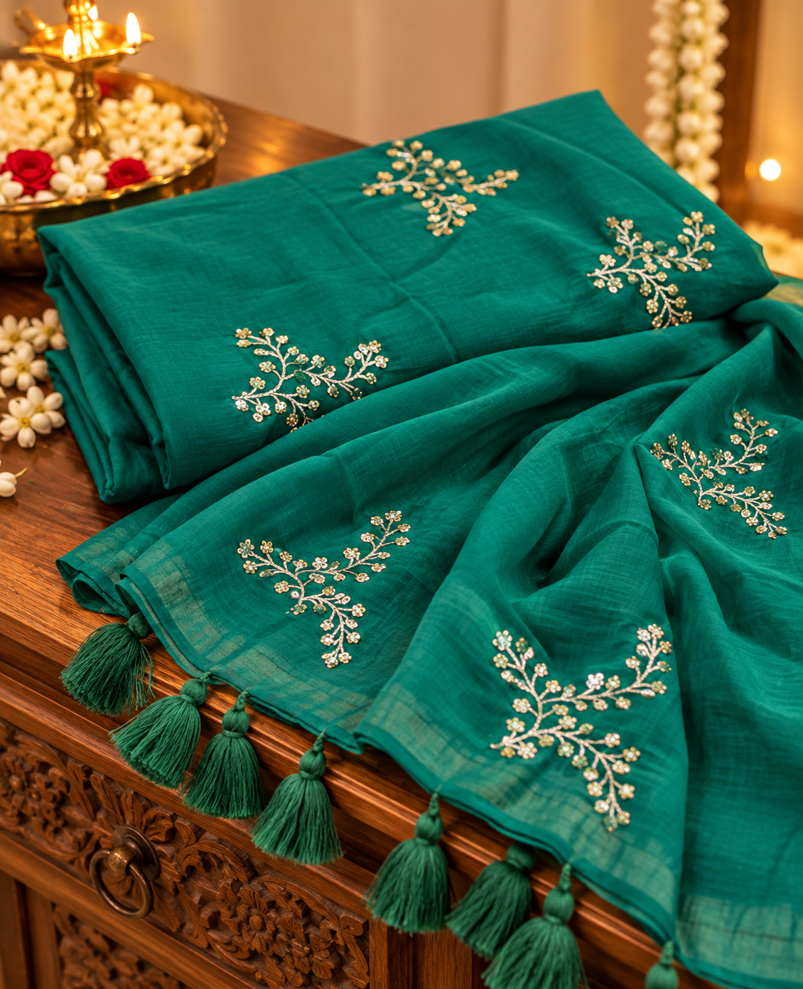 GUL aqua green handwoven mulmul cotton saree with sequin embroidered floral motifs and tassel pallu by Kapaas Australia