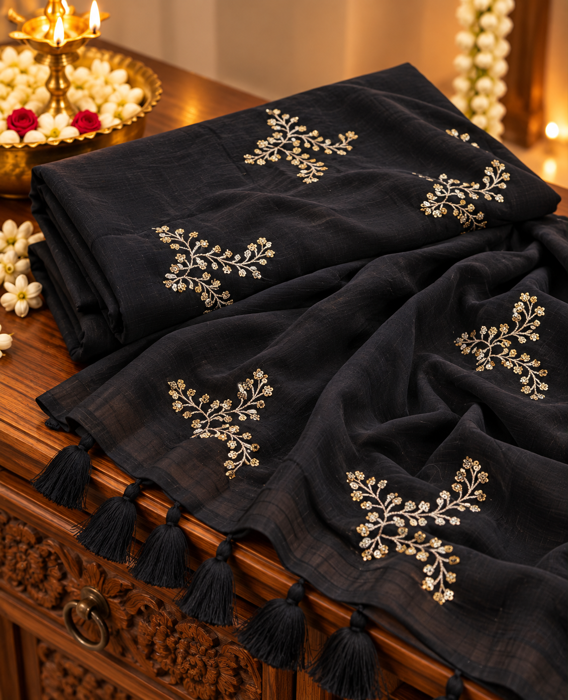 GUL black handwoven mulmul cotton saree with sequin embroidered floral motifs and tassel pallu by Kapaas Australia