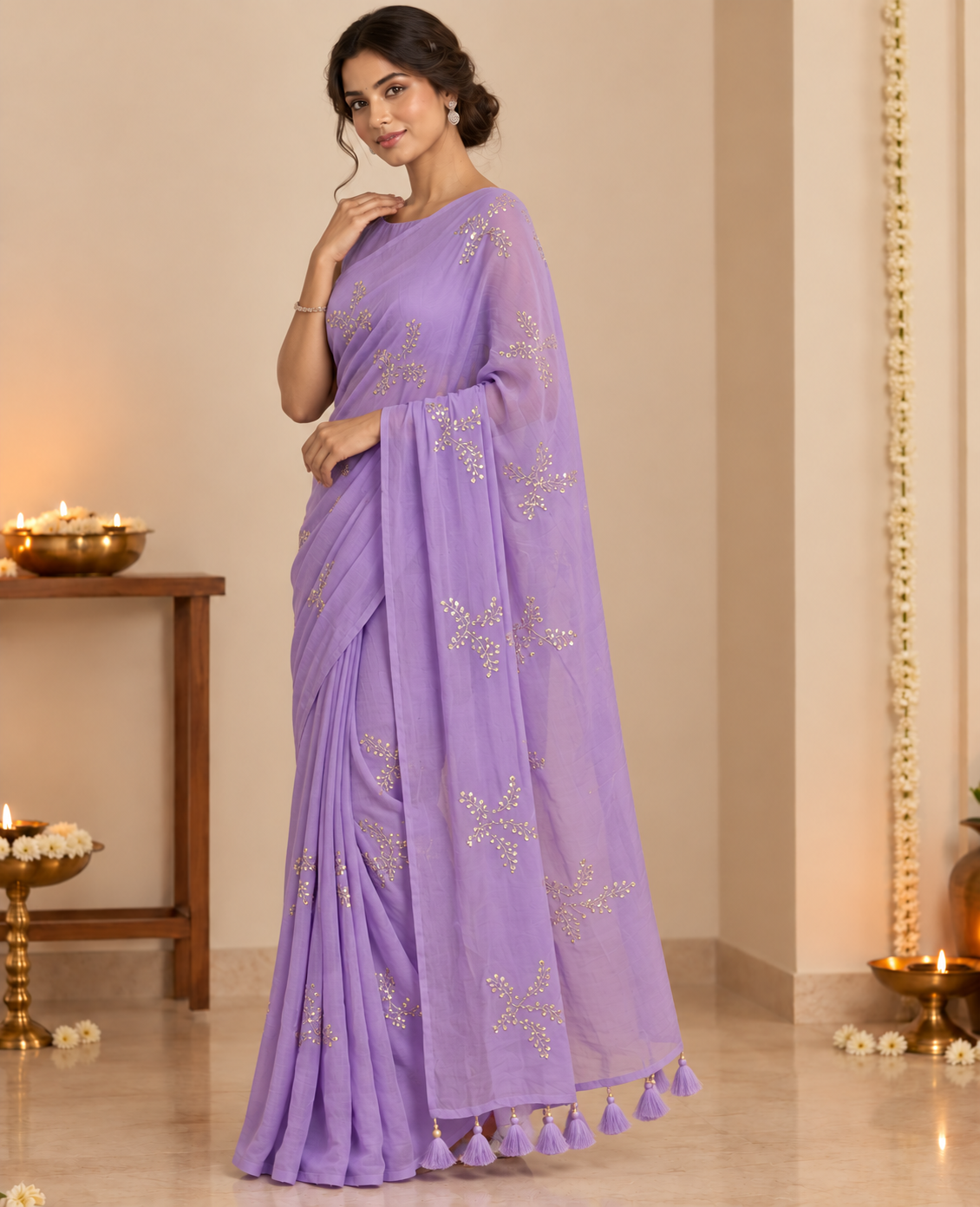 GUL light purple handwoven mulmul cotton saree with sequin embroidered floral motifs and tassel pallu by Kapaas Australia