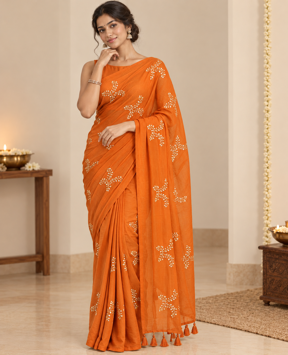 An orange saree with sequins embroidery and tassel borders, modeled by a woman in an indoor setting with warm beige walls and wooden furniture.