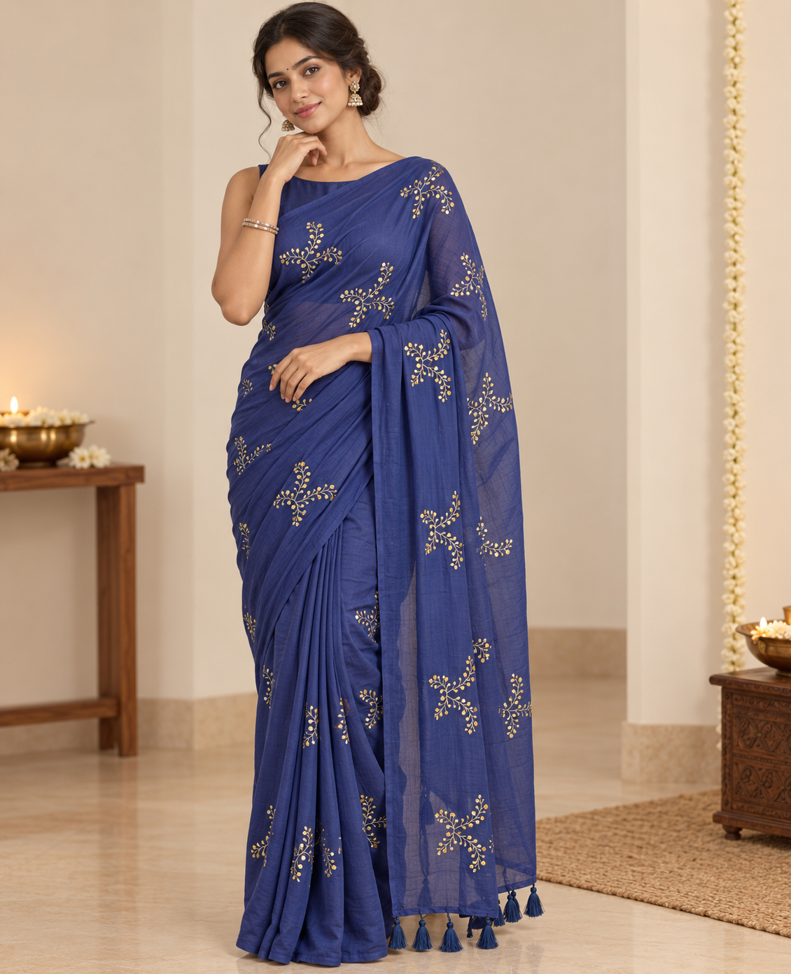 GUL blue handwoven mulmul cotton saree with sequin embroidered floral motifs and tassel pallu by Kapaas Australia