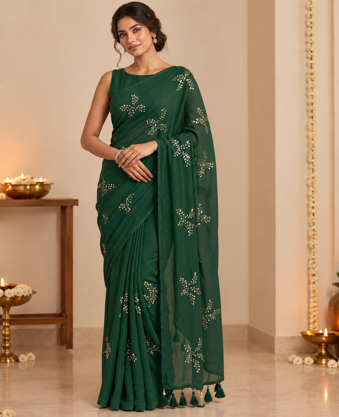 GUL green handwoven mulmul cotton saree with sequin embroidered floral motifs and tassel pallu by Kapaas Australia