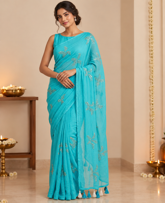 GUL turquoise handwoven mulmul cotton saree with sequin embroidered floral motifs and tassel pallu by Kapaas Australia