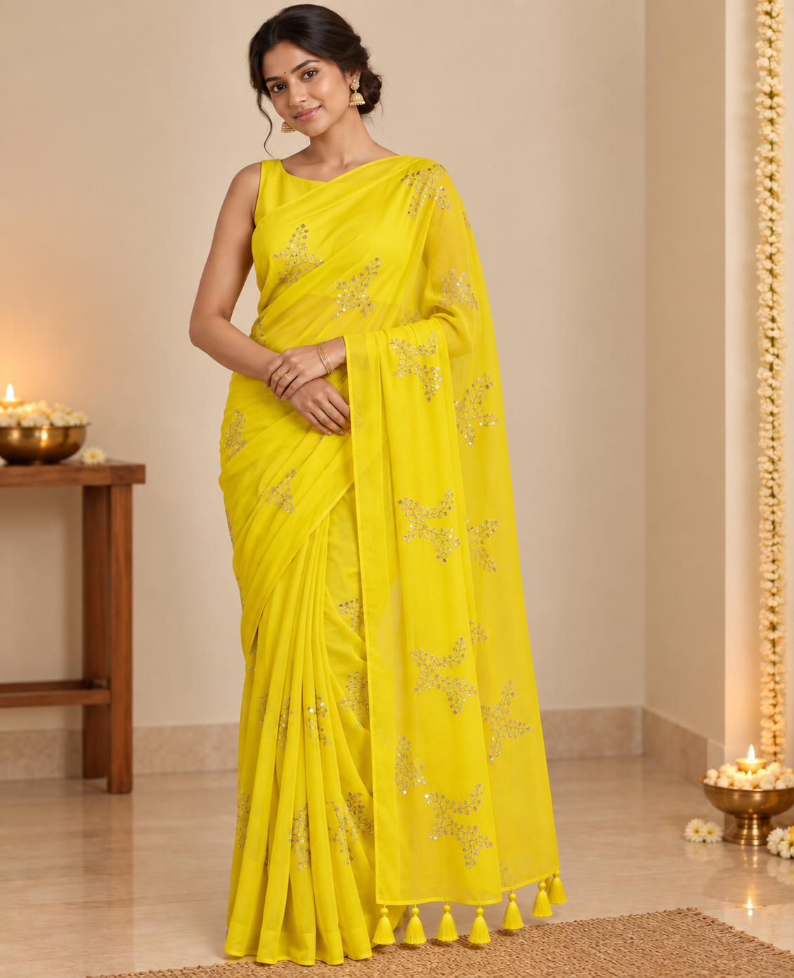 GUL yellow handwoven mulmul cotton saree with sequin embroidered floral motifs and tassel pallu by Kapaas Australia