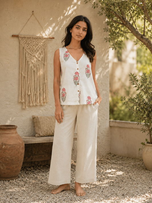A woman stands outdoors in a rustic courtyard, wearing a sleeveless white button-front top with pink and green floral print and wide-leg white plain pants.