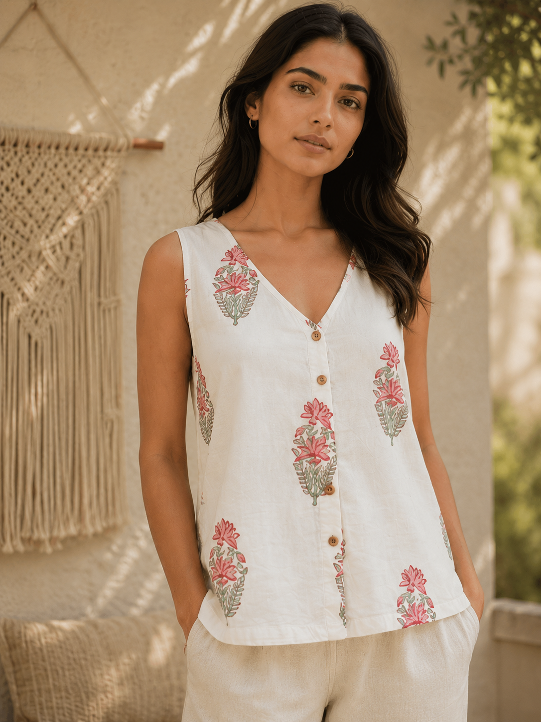 A woman wearing a sleeveless white cotton sleeveless top with pink and green floral print and button details, paired with white pants, set against a warm, sunlit boho-style background with a macrame wall hanging.