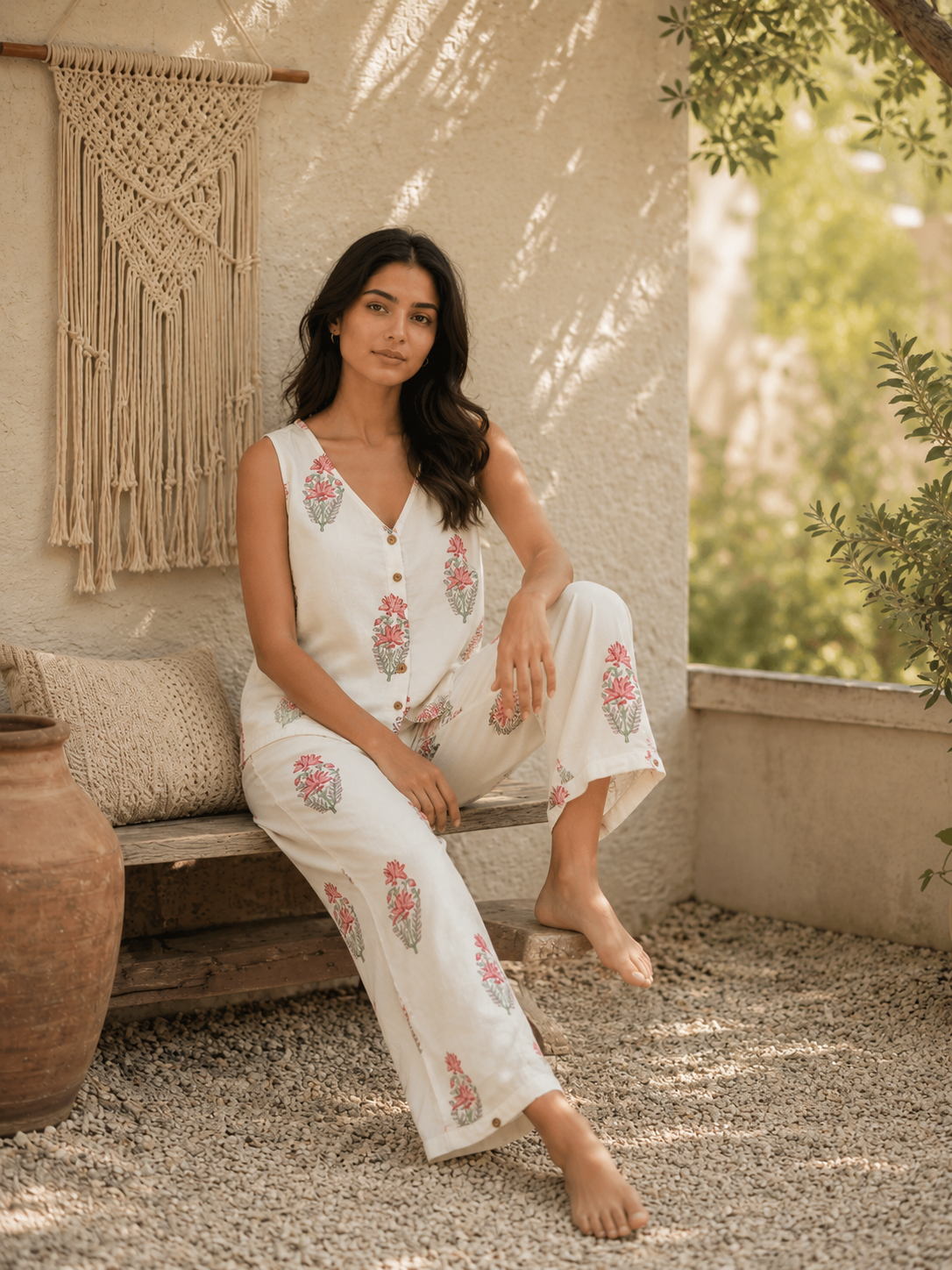 A woman sitting on a wooden bench in a sunlit outdoor patio setting, wearing a sleeveless white co-ord set with pink and green floral hand blocked prints and button-front detailing. The background includes a textured stucco wall, macrame wall hanging, large terracotta pot, and gravel floor.