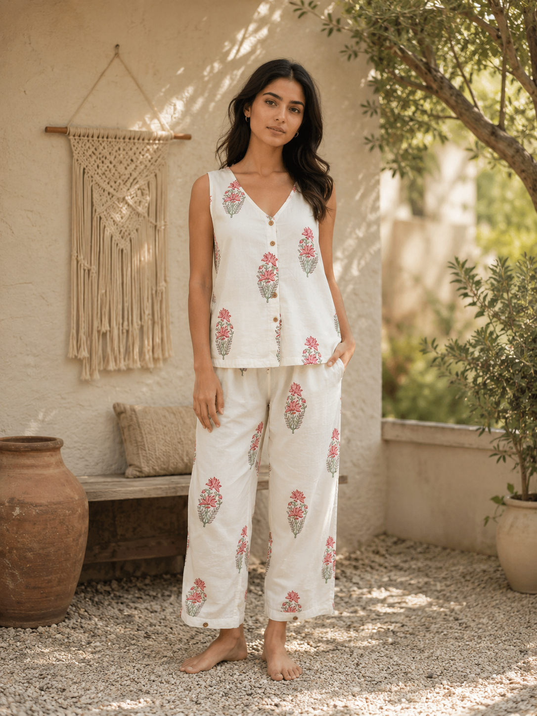 A woman stands outdoors in a courtyard wearing a matching sleeveless button-front top and pants set in white cotton fabric with pink and green floral hand blocked prints.