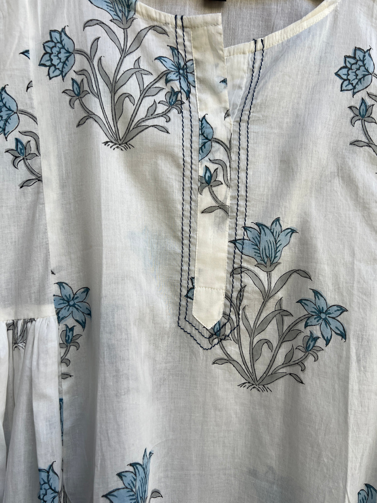 Ivory blue hand block printed kurti dress close up
