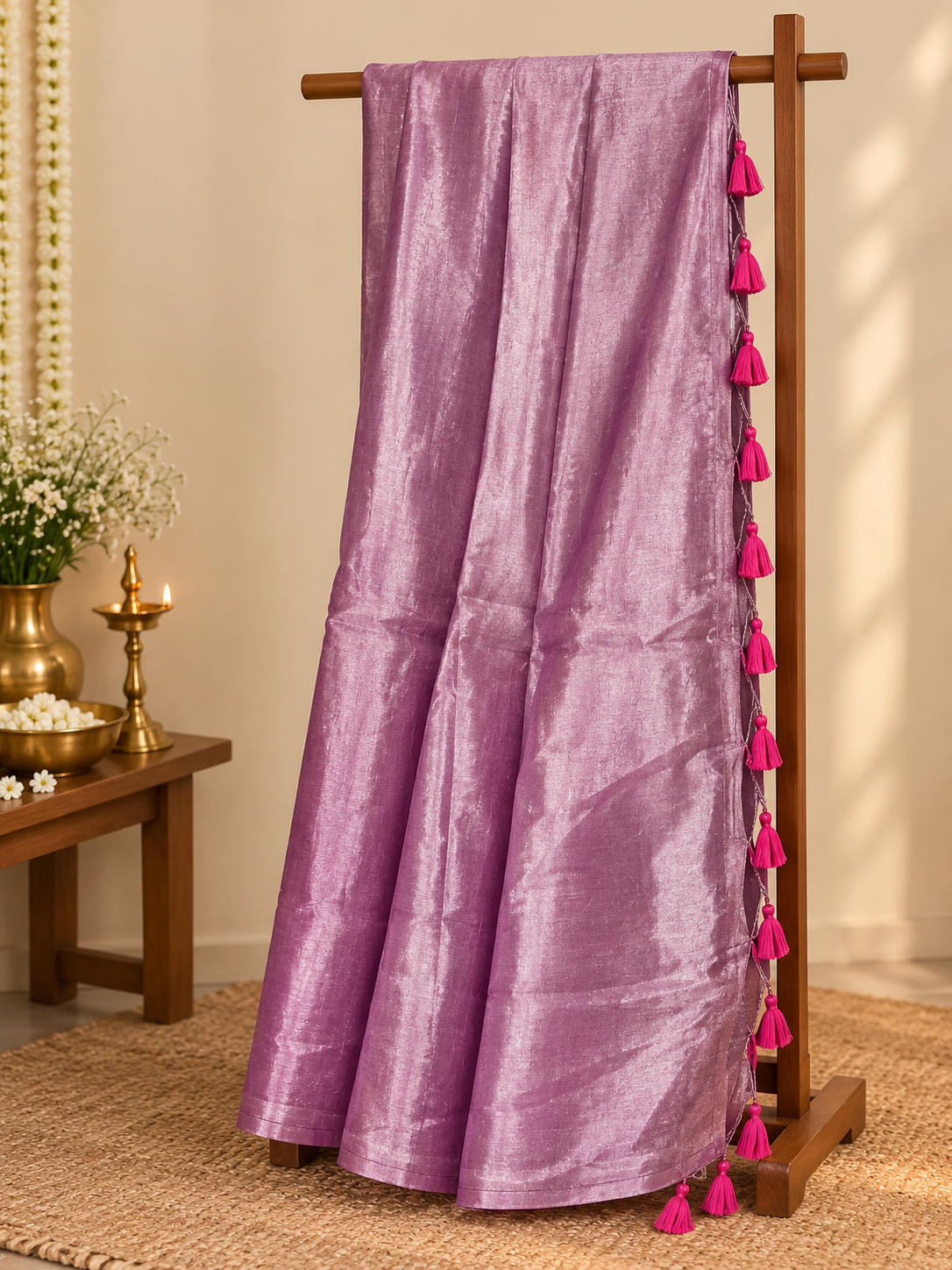 Handwoven saree in pink on a saree stand