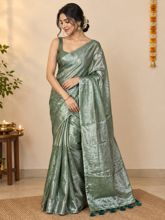 handwoven saree in sage colour