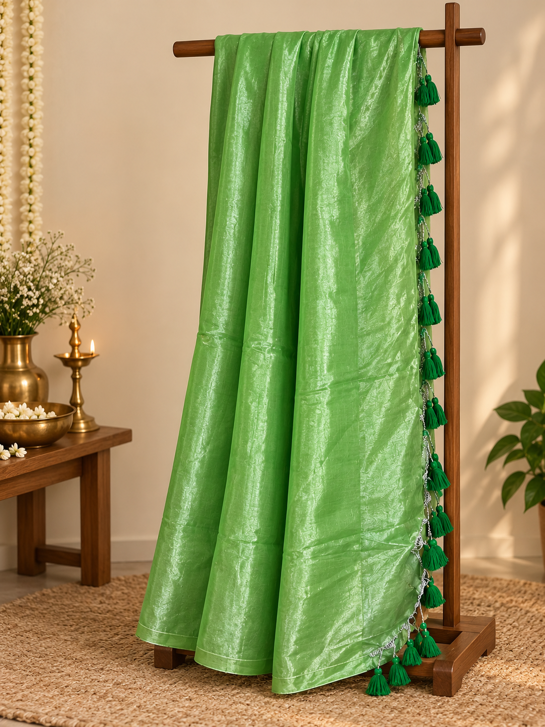 Handwoven saree in green on a saree stand