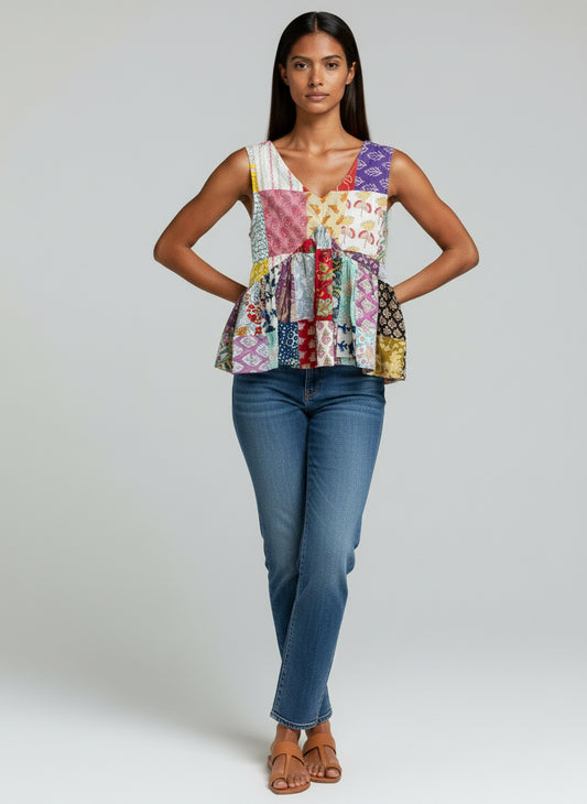 Woman wearing a colorful  hand block patchwork top and blue jeans on a plain background