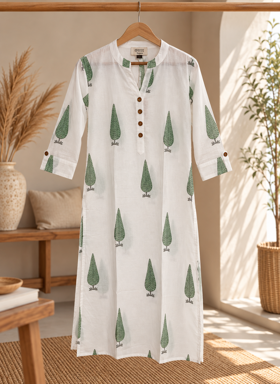 Cotton ivory kurta with sage coloured hand block cypress motifs on a hanger.