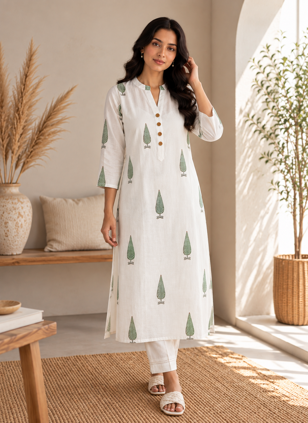Woman wearing a cotton ivory kurta with sage coloured hand block cypress motifs.