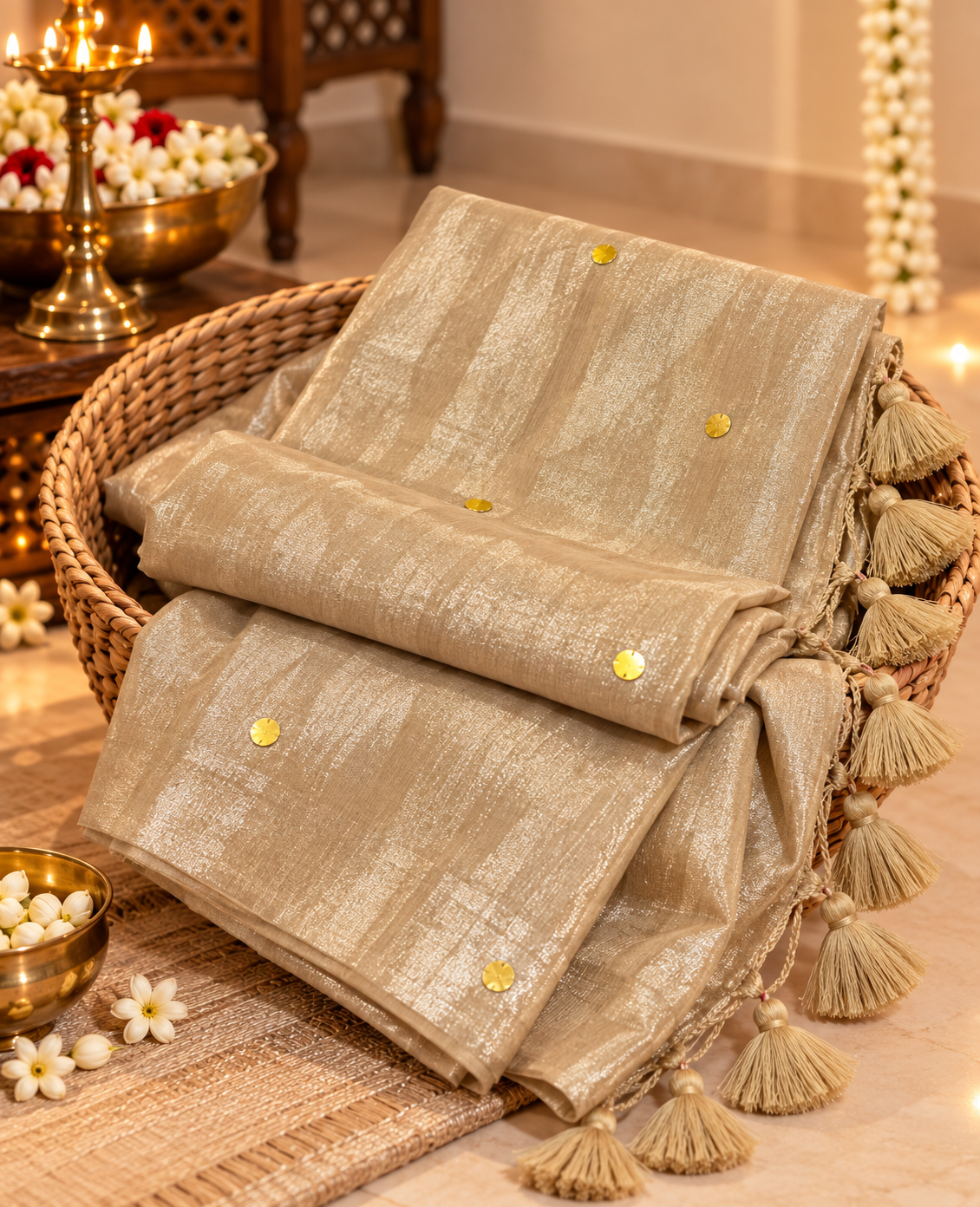 handwoven festive saree in beige with sequins in a basket