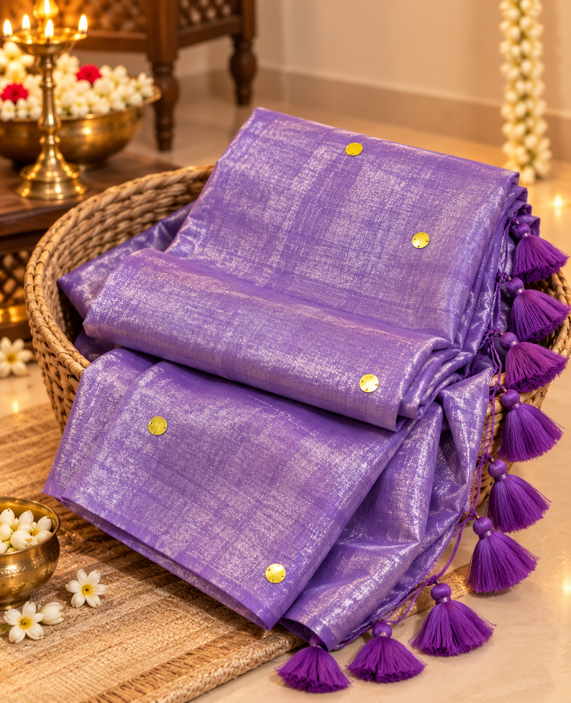 handwoven festive saree in lavender with sequins in a basket
