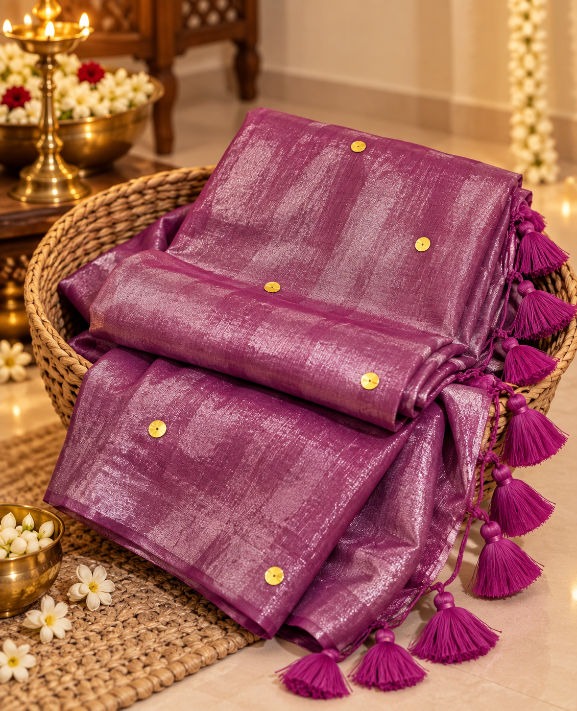 handwoven festive saree in soft pink with sequins in a basket
