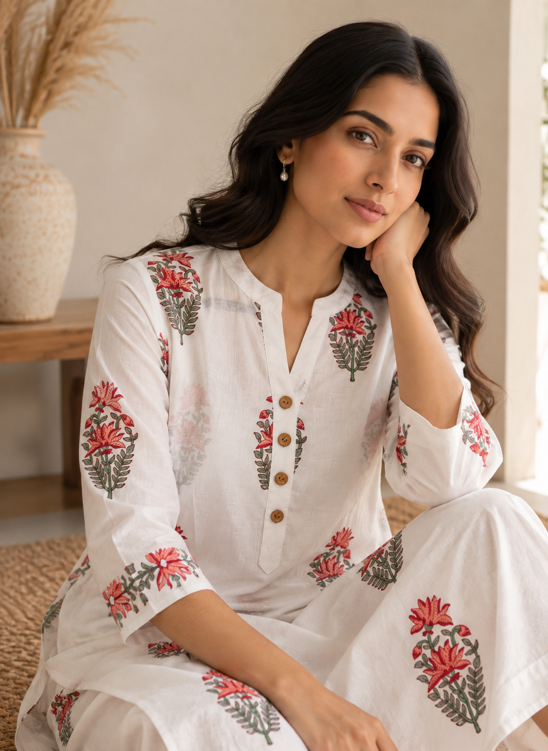 A woman wearing a white hand block  kurta with red and green floral motifs, sitting in a warm, softly lit indoor setting.