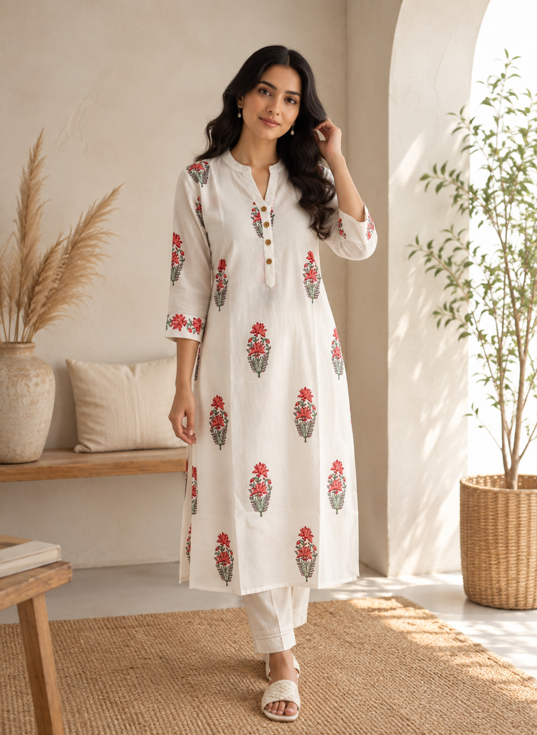 A woman modeling a white kurta with red and green floral hand block motifs, paired with white trousers, in a bright, modern room with plants and neutral decor.