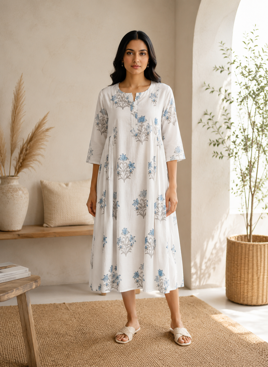Ivory dress with blue floral hand block motifs 
