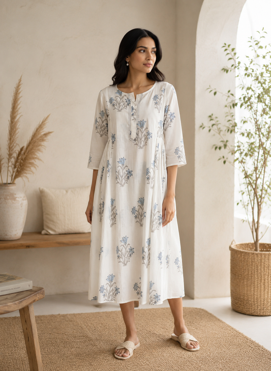 Ivory cotton dress with hand block blue flowers motifs